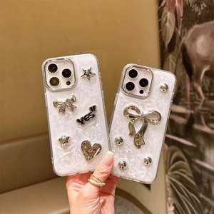 Sparkly white pearl iPhone case with 3D silver bow and star charms decoration
