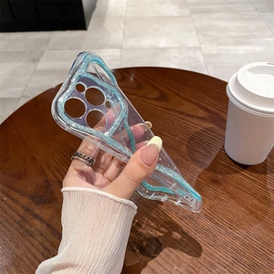 Transparent wave edge phone case with light blue glitter for iPhone 16 Pro Max