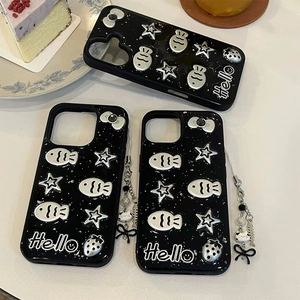 Custodia iPhone 16 Pro Max con ciondoli a forma di pesce e stelle su base nera glitterata