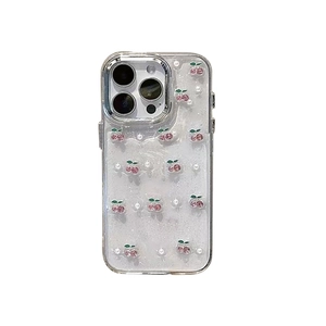 Transparent iPhone case with glitter finish, pink rhinestone cherries and white pearls
