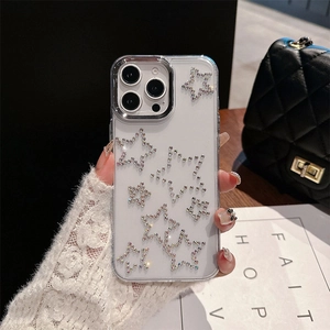 Coque iPhone transparente avec strass étoiles étincelants et protection d'objectif argent