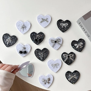 Portable heart-shaped folding makeup mirrors with glitter, bows, and cherry decorations