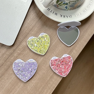 Sparkly glitter heart folding mirrors for phone cases in green purple and pink colors
