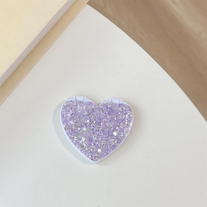 Glittery purple heart-shaped folding makeup mirror with sparkling sequins and compact design