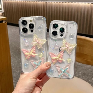 Transparent iPhone case with 3D glitter butterflies and ribbon bows, girly style