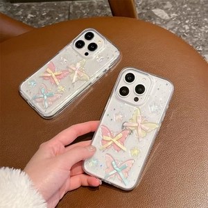 Transparent iPhone case featuring 3D resin butterflies and stars with a glitter finish