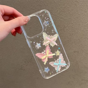 Transparent iPhone case with 3D resin butterflies and sparkling colorful star sequins