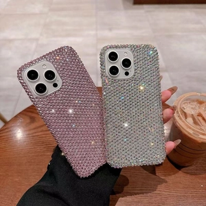 Luxury full rhinestone iPhone 16 Pro Max cases in sparkling pink and silver colors