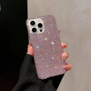 Luxurious pink rhinestone iPhone 16 Pro Max case with full diamond coverage for women