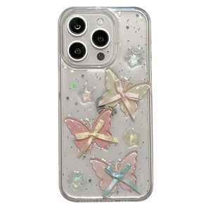 Cute iPhone case with 3D resin butterflies and stars on clear liquid glue finish