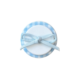 Magnetic cell phone socket grip with blue gingham pattern and handmade ribbon bow decoration