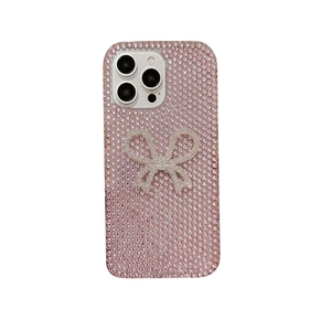 Luxury iPhone case with pink gradient rhinestones and a sparkling silver 3D bow design