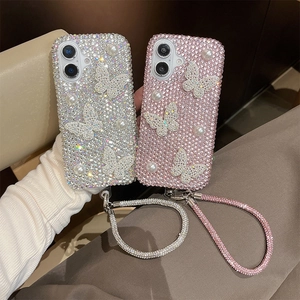 Sparkling rhinestone phone case with pearls and butterfly charm for iPhone with hand strap