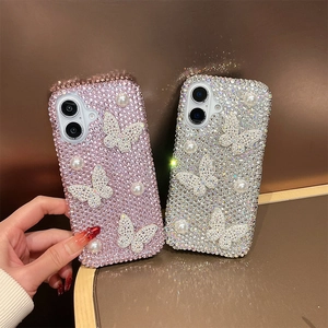 Sparkly rhinestone phone case with pearls and butterfly charm for iPhone series