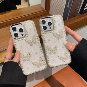Glittering iPhone case with pearl edges and sparkling 3D butterfly design for women