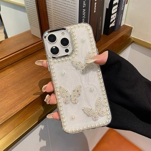 Sparkly pearl iPhone case with glitter finish and elegant butterfly diamond accents
