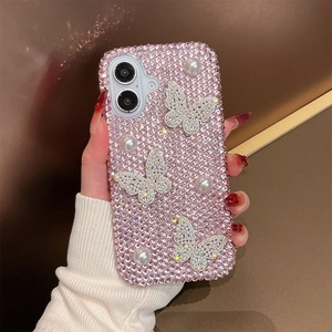 Detail of pink rhinestone phone case with 3D butterflies and pearls for iPhone models