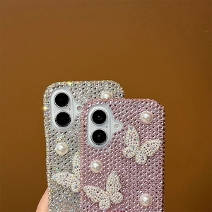 Detail of luxury rhinestone phone case with pearls and butterfly ornament for iPhone
