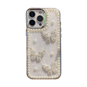 Sparkly white iPhone case with pearl butterfly motifs and decorative glitter texture