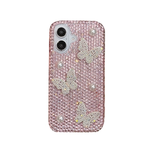 Pink rhinestone iPhone case featuring silver butterflies, white pearls, and handle strap