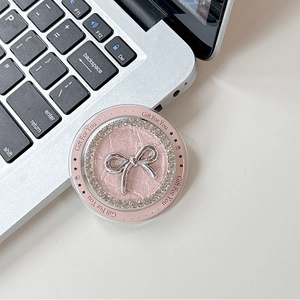 Pink magnetic phone grip with silver bow and diamond crystals, Gift For You design