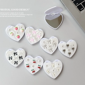 Cute heart-shaped folding makeup mirrors with cherry, strawberry and bowknot 3D decorations