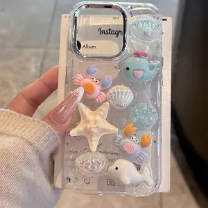 Cute ocean animal phone case for iPhone 16 Pro Max with 3D whale and crab charms