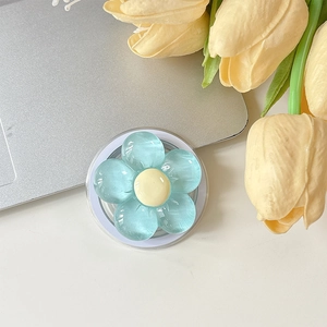 Détail du support MagSafe en forme de fleur bleue sur un ordinateur portable argenté