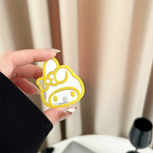 Detail view of a cute rabbit-shaped mirror phone grip with yellow silicone frame