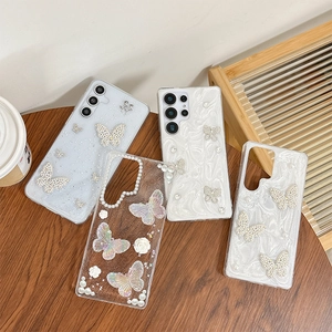 Floral butterfly glitter phone cases with pearls for Samsung Galaxy S23 S24 S25 Ultra