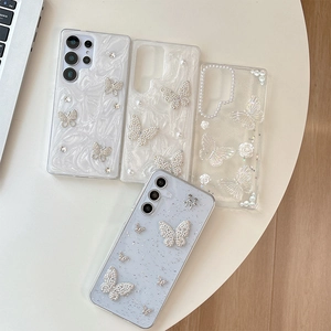 Floral butterfly phone case for Samsung S25 Ultra with 3D pearls and glitter aesthetic