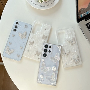 3D Butterfly Artificial Pearl Phone Case For S22 S23 S24 S25 Ultra Plus TPU Glitter Floral Rhinestone Luxury Fashion Soft Cover