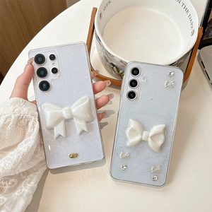 Coque bleu glacé pailletée avec nœud 3D et strass pour Samsung Galaxy S25 Ultra