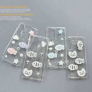Cute Stereo Cat Fish Star Charm Phone Case For Samsung Galaxy S25 S24 Ultra S23 Plus A55 Transparent TPU Glitter Sparkle Cover
