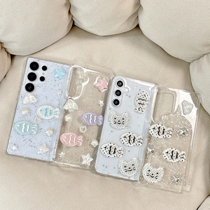 Samsung S24 Ultra case with 3D stars, cat patterns, and glitter sequins on a soft mat