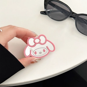Close-up of My Melody cartoon mirror phone socket with pink frame and silver surface