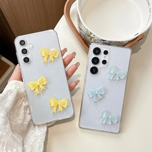 Transparent glitter phone case for Samsung with 3D resin bows and soft TPU finish