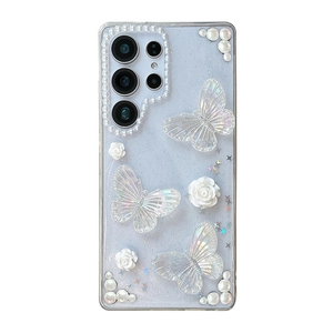 Sparkly light blue phone case with 3D butterflies, roses, and pearls for Samsung S25 Ultra