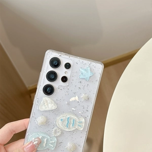 Detail of Galaxy S24 Ultra case with 3D stars, glitter finish, and pearl heart decor