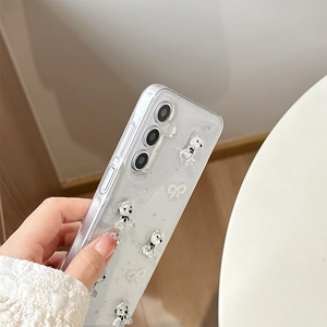 Λεπτομερής πλάγια όψη διαφανούς θήκης Samsung Galaxy με 3D αρκουδάκι και ασημί φιόγκους