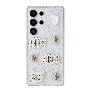 Sparkly silver glitter phone case for Samsung S25 Ultra with 3D cat and fish charms