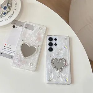 Coque miroir cœur étincelante avec papillon en strass pour Samsung S25 Ultra