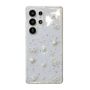 Κομψή θήκη Samsung S25 Ultra με λευκές πέρλες, ασημένιο γκλίτερ και σχέδια με φιόγκους