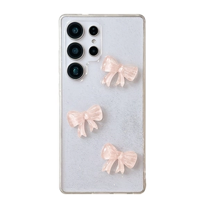 Clear Samsung Galaxy Ultra case with silver glitter and three 3D pink resin bows