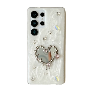 Coque Samsung S25 Ultra blanc scintillant style Y2K avec miroir cœur et papillons