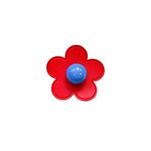 Red leather flower phone grip with blue bead accent and premium stitching on white background
