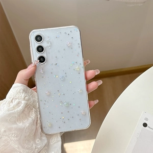 Macro shot of phone case featuring glitter sequins and laser star sequins in hand