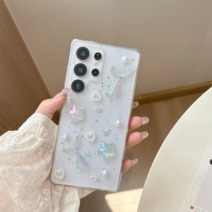 Detail of luxury white glitter case with 3D laser fishtail and pearls for Samsung Galaxy