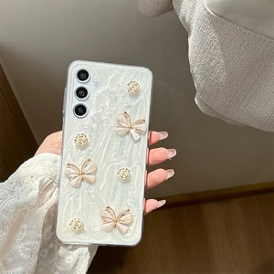 Sparkly glitter butterfly and camellia flower clear case for Samsung S23 Ultra S24 S25