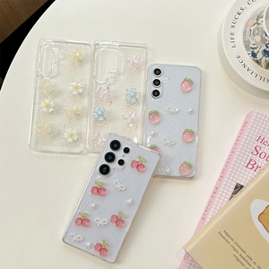 Sparkly glitter phone case with 3D strawberries and butterflies for Samsung S24